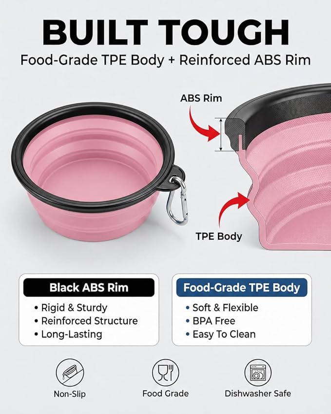 Collapsible Dog Bowls for Travel, 2-Pack Dog Portable Water Bowl for Dogs Cats Pet Foldable Feeding Watering Dish for Traveling Camping with Carabiners, BPA Free (Purple&Pink, Medium (Pack of 2))