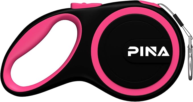 PINA Retractable Dog Leash, 10ft Dog Leash for Small Dogs Up to 33lbs, 360° Tangle-Free Strong Reflective Nylon Tape, with Anti-Slip Handle, One-Handed Brake, Lock - Black Pink