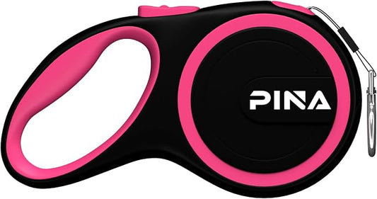 PINA Retractable Dog Leash, 10ft Dog Leash for Small Dogs Up to 33lbs, 360° Tangle-Free Strong Reflective Nylon Tape, with Anti-Slip Handle, One-Handed Brake, Lock - Black Pink