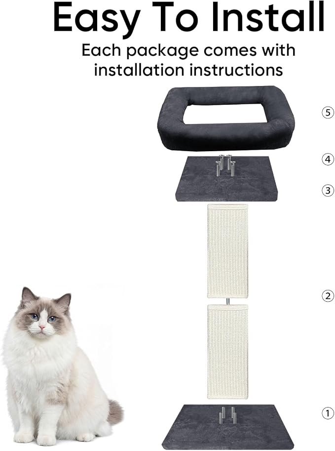 Cat Scratching Post, 32”Cat Scratcher with Large Plush Perch, Sisal & Carpet Scratching Post, Vertical Posts with Elevated Bed for Indoor Cats, Removable& Washable Cover, Dark Grey