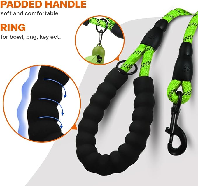 Taglory Rope Dog Leash 4 FT with Comfortable Padded Handle, Highly Reflective Threads Leash and Anti-Tangle Clip for Walking Medium Large Dogs, 1/2 inch, Green