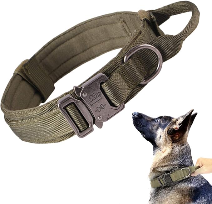 Tactical Dog Collar Adjustable Military Nylon Dog Collar with Control Handle and Heavy Duty Metal Buckle for Medium and Large Dogs (Green,XL)