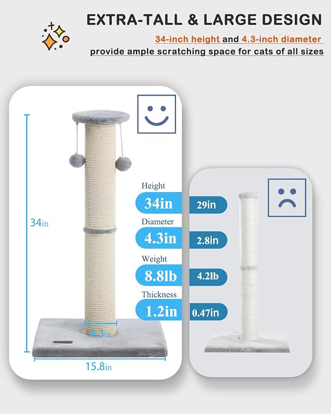 Cat Scratching Post 34 Inches Large Sturdy Cat Post with Sisal Scratcher and Hanging Ball Scratching Post for Indoor Cats Adult Grey