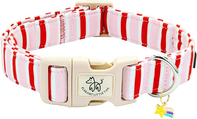 Elegant little tail Dog Collar, Cute Pink with Red Strip Pattern Pet Collars Soft Girl or Boy Adjustable Cotton Puppy Collar with Quick Release Buckle for Small Puppy