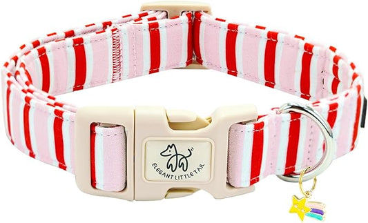 Elegant little tail Dog Collar, Cute Pink with Red Strip Pattern Pet Collars Soft Girl or Boy Adjustable Cotton Puppy Collar with Quick Release Buckle for Medium Dogs