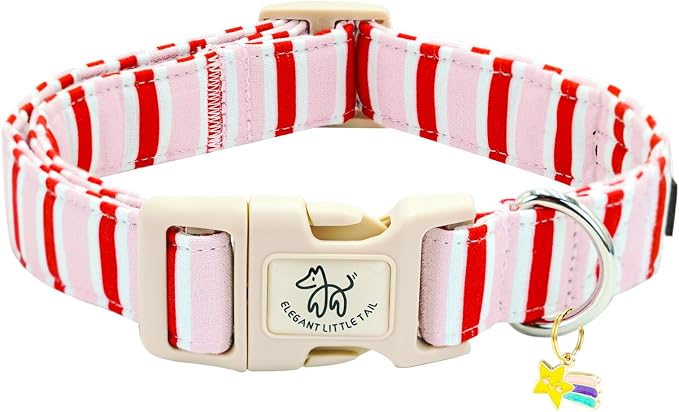 Elegant little tail Dog Collar, Cute Pink with Red Strip Pattern Pet Collars Soft Girl or Boy Adjustable Cotton Puppy Collar with Quick Release Buckle for Large Dogs