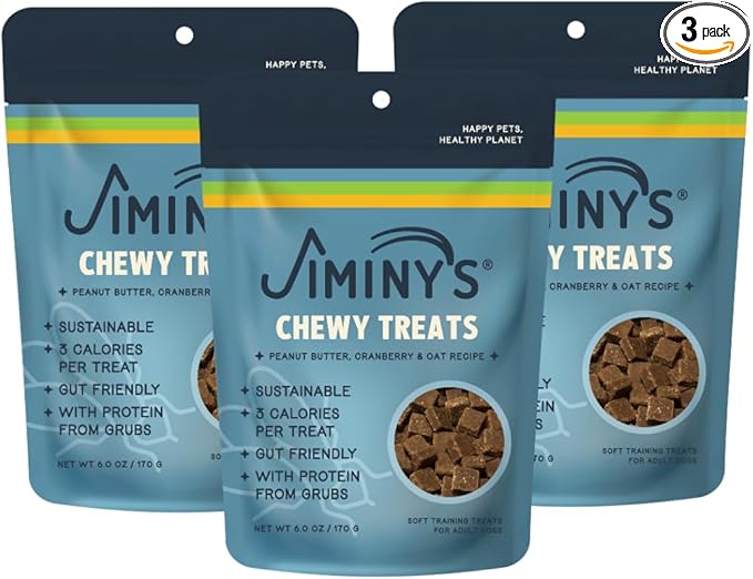 Jiminy's Chewy Training Treats for Dogs, Low Calorie, Hypoallergenic Insect Protein, Made in USA, 6oz, Peanut Butter & Cranberry (Pack of 3)