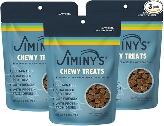 Jiminy's Chewy Training Treats for Dogs, Low Calorie, Hypoallergenic Insect Protein, Made in USA, 6oz, Peanut Butter & Cranberry (Pack of 3)