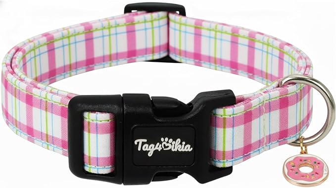Dog Collar with Pink Plaid Patterns, Spring Summer Collection Dog Collar with Exquisite Pendant, Durable Adjustable Collars for Gifts & Daily Use-S