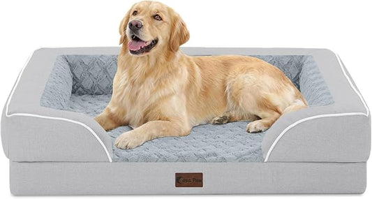 Orthopedic Dog Beds for Large Sized Dogs 36x27 Inch, Waterproof Egg Crate Foam Dog Sofa Bed with Removable Washable Cover Big Pet Couch with Bolster & Non-Slip Bottom, Light Grey