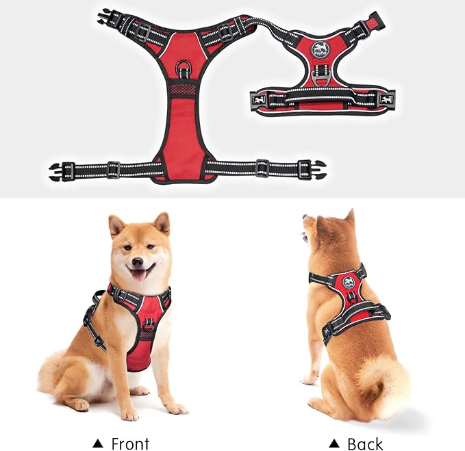 PoyPet No Pull Dog Harness, No Choke Front Clip Dog Reflective Harness, Adjustable Soft Padded Pet Vest with Easy Control Handle for Small to Large Dogs(Red,L)