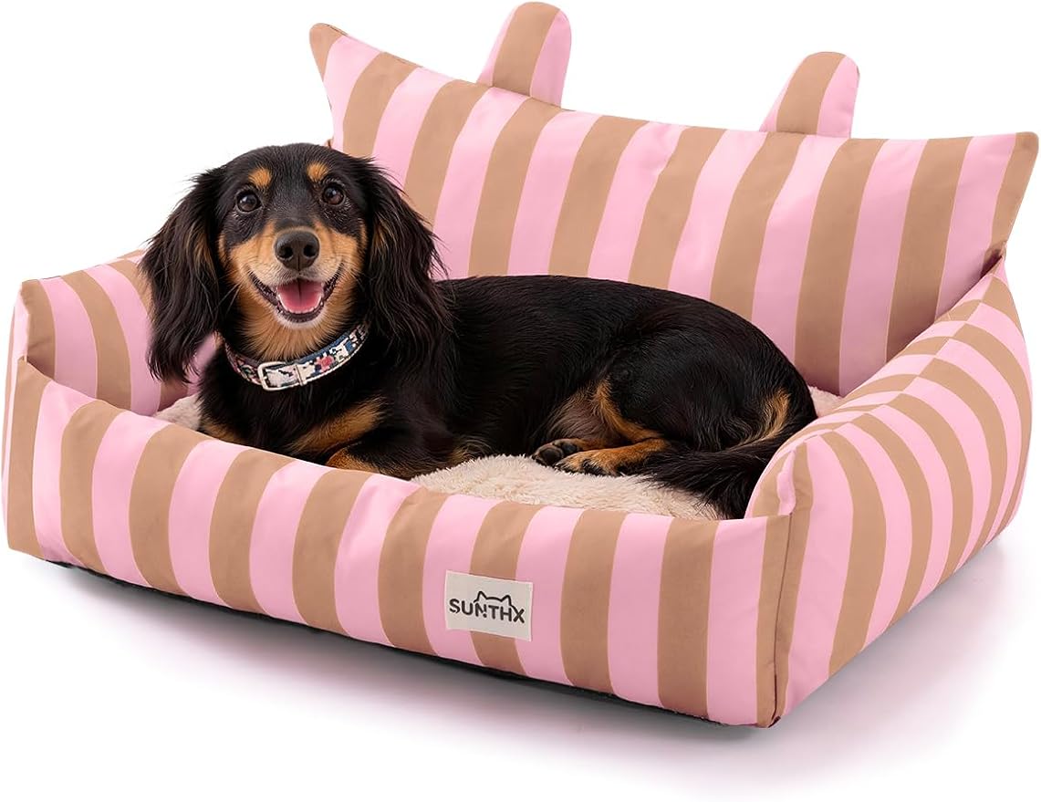 Cat Couch, Reversible Pet Bed for Indoor Cats – 2-Sided Cat Sofa with Oxford Fabric and Plush Fleece, Washable Small Dog Couch for Puppies and Senior Pets, Non-Slip Bottom, 28 inch, Pink Brown