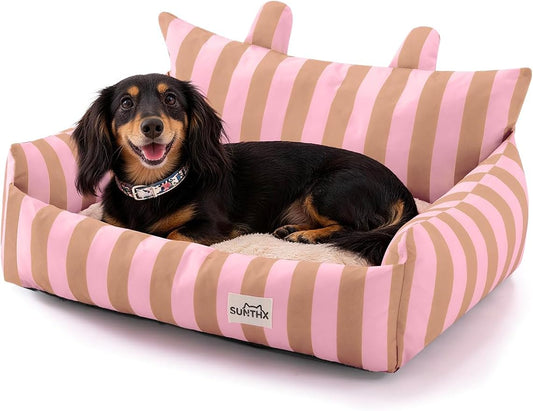 Cat Couch, Reversible Pet Bed for Indoor Cats – 2-Sided Cat Sofa with Oxford Fabric and Plush Fleece, Washable Small Dog Couch for Puppies and Senior Pets, Non-Slip Bottom, 28 inch, Pink Brown
