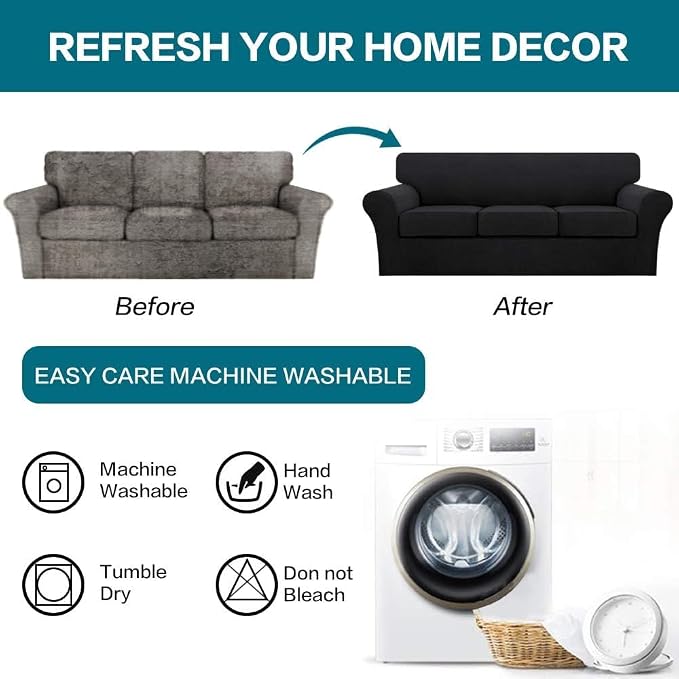 Turquoize 4 Piece Sofa Covers for 3 Cushion Couch Sofa Slipcover Soft Couch Cover for Dogs Washable Furniture Cover with 3 Individual Large Cushion Covers Feature Fabric (Large Sofa, Black)
