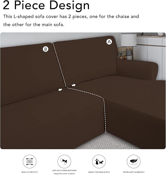 PureFit Super Stretch Sectional Couch Covers - 2 pcs Spandex Non Slip Sofa Covers with Elastic Bottom for L Shape Sectional Sofa Couch, Great for Kids & Pets (3 Seat Sofa + 3 Seat Chaise, Coffee)