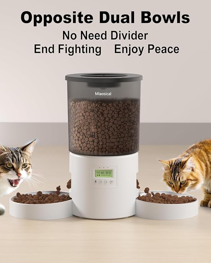 Dual Automatic Cat Feeder 2 Cats, 4.2L Dry Food Auto Dispenser with Double Stainless Steel Bowls,Dual Power Supply,Programmable Portion Control,10s Voice Recorder (Transparent White)
