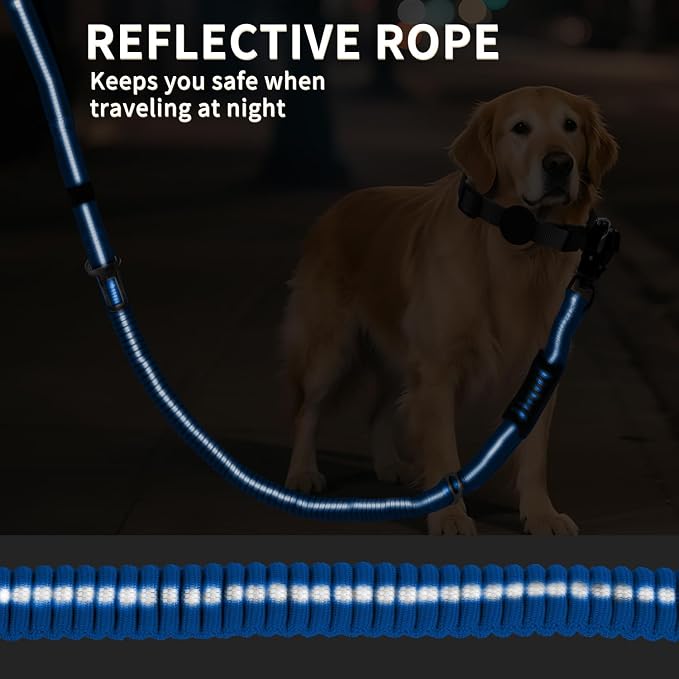 Heavy Duty Tactical Dog Leash, 4-6FT Shock Absorbing Bungee Lead with 2 Padded Handles, Metal Carabiner & Seatbelt Clip, Reflective No-Pull Leash for Medium/Large Dogs (Blue)