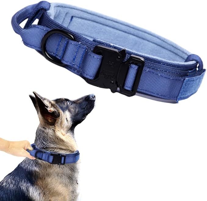 Tactical Dog Collar Adjustable Military Nylon Dog Collar with Control Handle and Heavy Duty Metal Buckle for Medium and Large Dogs (Dark Blue,L)