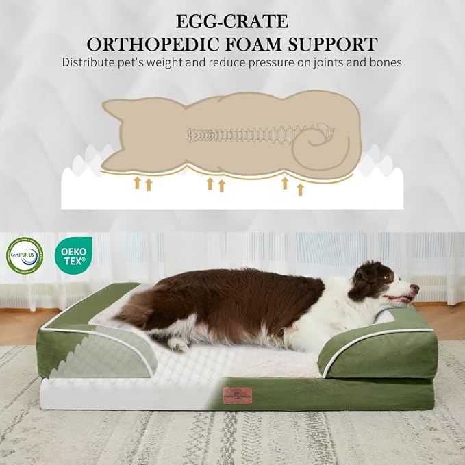 Comfort Expression Orthopedic Dog Bed for Extra Large Dogs 53x42 Inch, Waterproof Egg Crate Foam XXL Pet Bed with Removable Bolsters, Dog Couch with Washable Cover & Non-Slip Bottom, Light Green