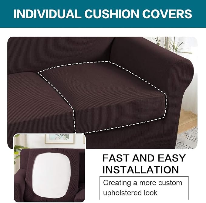 Turquoize 3 Piece Sofa Covers For 2 Cushion Couch Sofa Slipcover Soft Couch Cover For Dogs-Washable Sofa Furniture Covers With 2 Individual Cushion Covers, Feature Thick Fabric (2 Cushion Sofa, Brown)