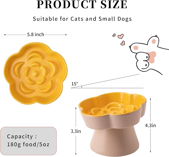 Tilted Cat Bowl, Flower-Shaped Ceramic Slow Feeder Cat Bowl, Raised Pet Bowl for Whisker Relief, Prevents Vomiting & Bloating, Non-Slip Base, Easy to Clean for Dry/Wet Food (Pink & Blue)