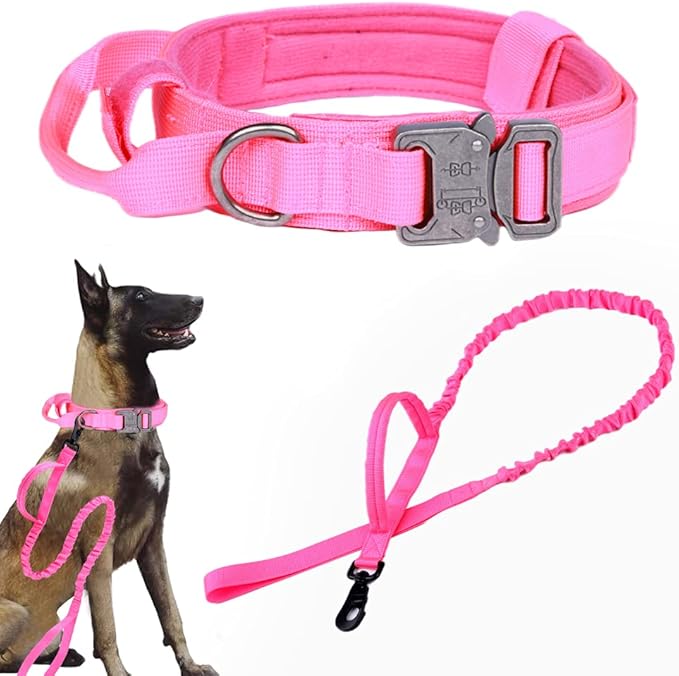Tactical Dog Collar and Leash Set Adjustable Military Nylon Dog Collar with Control Handle and Heavy Duty Metal Buckle for Large Dogs（Pink XXL