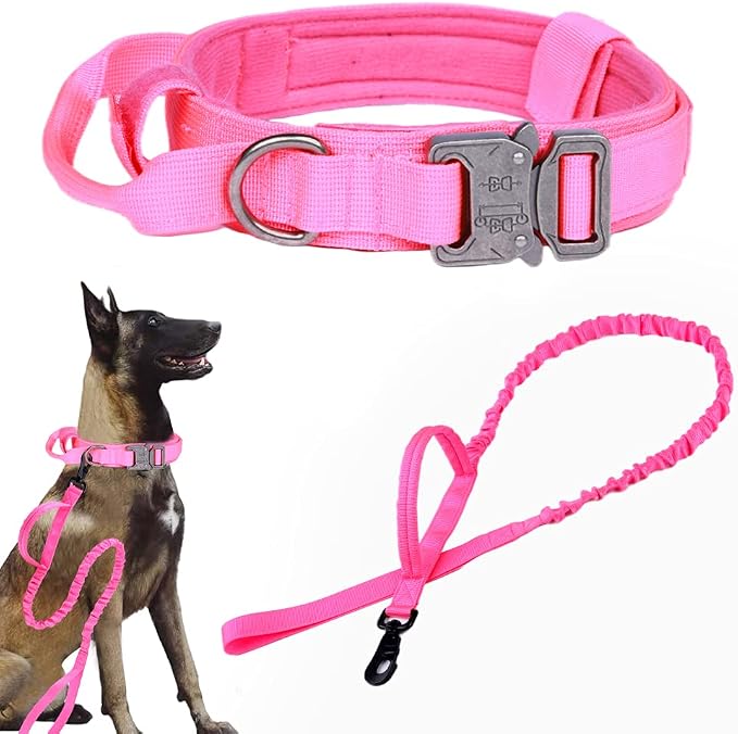Tactical Dog Collar and Leash Set Adjustable Military Nylon Dog Collar with Control Handle and Heavy Duty Metal Buckle for Large Dogs（Pink XL