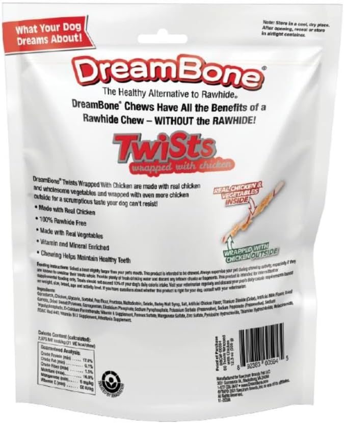 DreamBone Chicken Wrapped Twist Stick Dog Treats, Daily Rawhide-Free Chew, Digests Safely and Completely, With Real Protein, Chicken and Veggies, 50 count