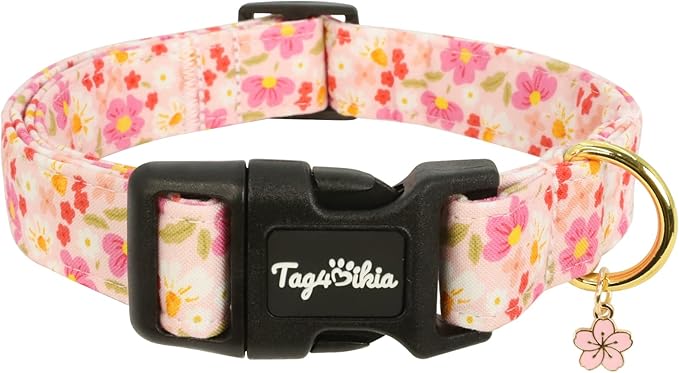 Dog Collar with Cherry Blossom Patterns, Spring Summer Collection Pink Dog Collar with Exquisite Pendant, Durable Adjustable Collars for Gifts & Daily Use-S