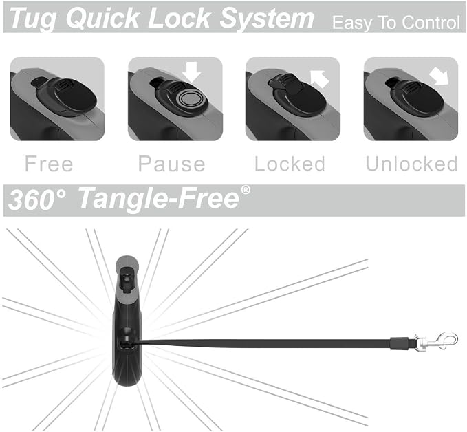 TUG 360° Tangle-Free Retractable Dog Leash with Anti-Slip Handle | 16 ft Strong Nylon Tape | One-Handed Brake, Pause, Lock (Large, Grey)