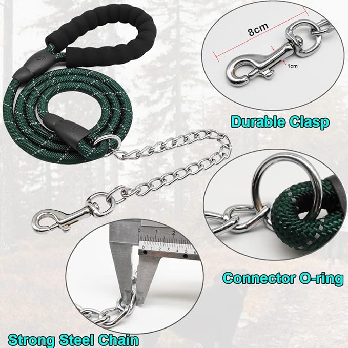 BTINESFUL 6FT Chewproof Dog Leash, Strong Nylon Rope with Anti-Chewing Chain and Padded Handle for Medium Large Dogs Outdoor Training Walking Hiking Dark Green
