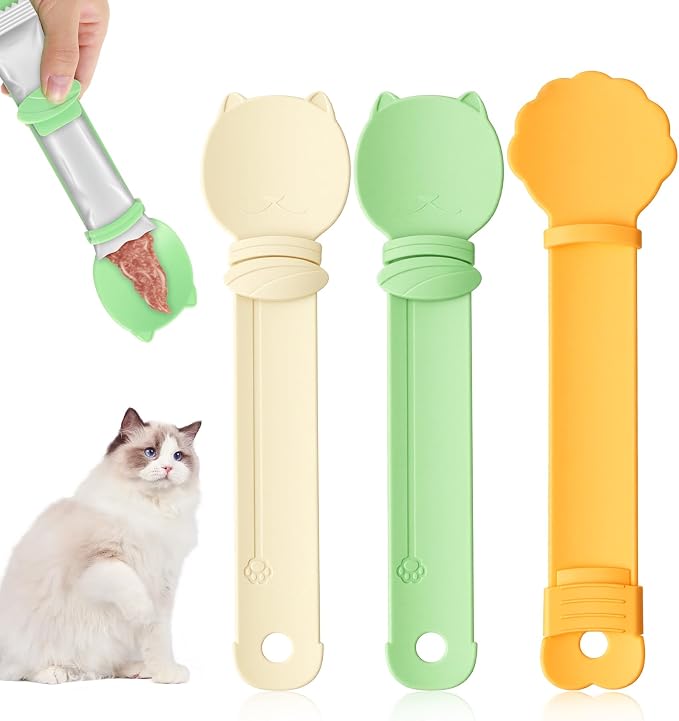 3Pcs Cat Treat Spoon, Multifunctional Squeeze Cat Treat Feeder Set Lickable Pet Food Spoons Dispensers for Wet Food & Licky Treats, Mess-Free Feeding Supplies for Cats, Beige Green Orange