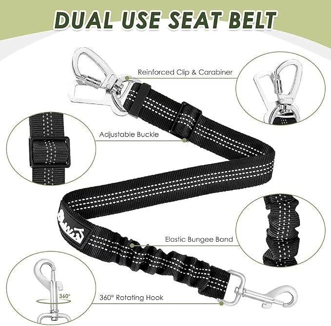 SlowTon Dog Seatbelt, 2 Pack Dog Seat Belt Car Leash Adjustable Elastic Bungee Buffer Heavy Duty Nylon Reflective Pet Safety Tether Connect to Dog Harness for Travel Riding in Vehicle (Daul Clip, B)