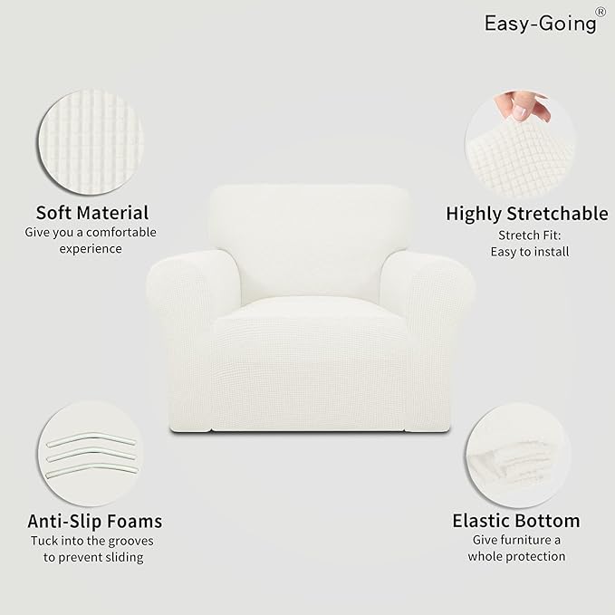 Easy-Going Stretch Oversized Chair Sofa Slipcover 1-Piece Couch Sofa Cover Furniture Protector Soft with Elastic Bottom for Kids Spandex Jacquard Fabric Small Checks Cream