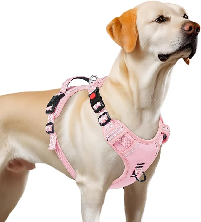 Timos Dog Harness Large Sized, No Pull Pet Harness with Neck Lockable Snap,No Choke Front Clip Dog Reflective Vest,Adjustable Metal Rings 3 Buckles,Easy Control Handle for Large Dogs Pink XL