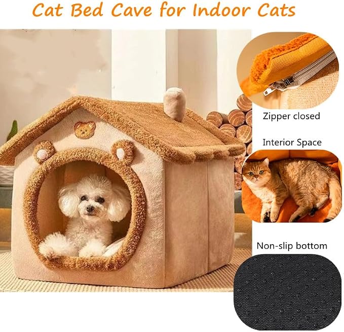 Cat Beds for Indoor Cats, Cute Bear Shape Cat Bed Cave, Pet House Cats Tent with Removable Cushion Pillow for Kittens Puppy Small Dogs (Brown, S-15.7x12.6x13.7in)