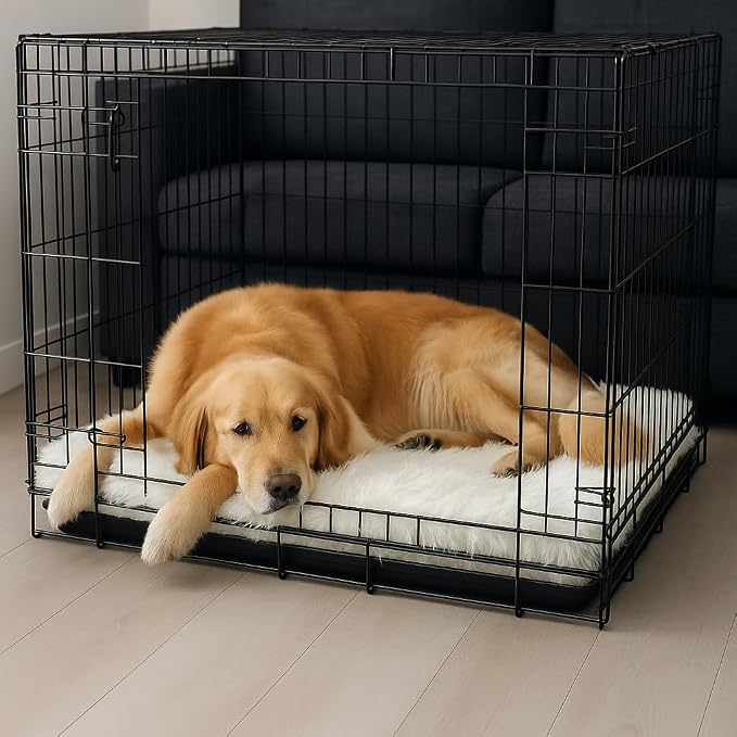 IHAPPYDOG Faux Fur Orthopedic Dog Bed, Memory Foam Rectangular Crate Bed for Large XL Dogs, Plush Furry Bed that Looks Like a Rug, Calming Bed for Senior Dogs, Washable Cover - White, Large 41"x27"