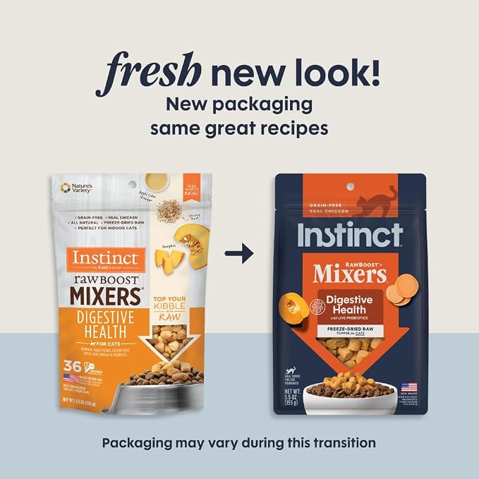 Instinct Raw Boost Mixers, Freeze Dried Cat Food Toppers with Functional Ingredients, Grain Free, Real Chicken - Digestive Health, 5.5 oz Bag