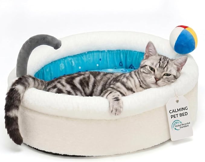Cat Bed for Indoor Cats, 22" Washable Round Pet Bed for Cats & Small Dogs, Bathtub Soft Fluffy Calming Bed for Kitten and Puppy with Anti-Slip Base