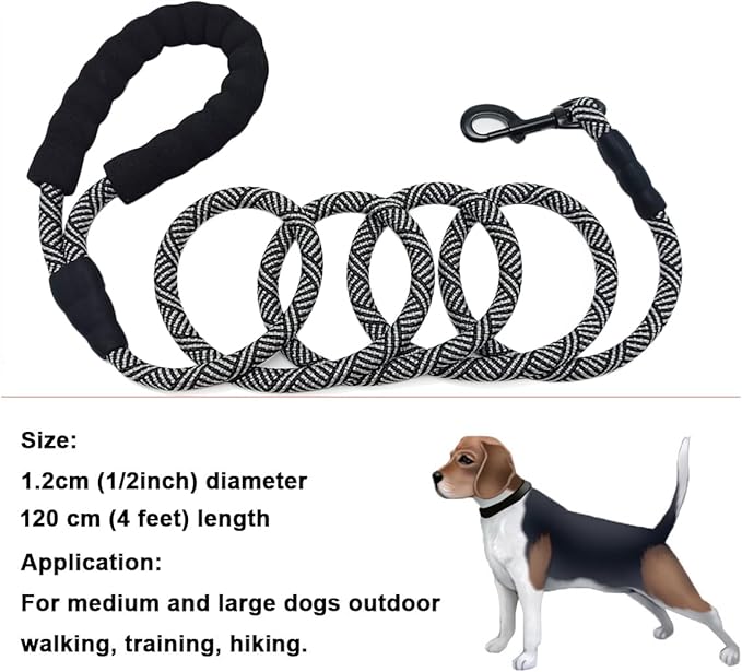 MayPaw Heavy Duty Rope Dog Leash, 3/4/6/7/8/10/12/15/20/30 FT Nylon Pet Leash, Soft Padded Handle Thick Lead Leashes for Large Medium Dogs (Black, 1/2" * 4')