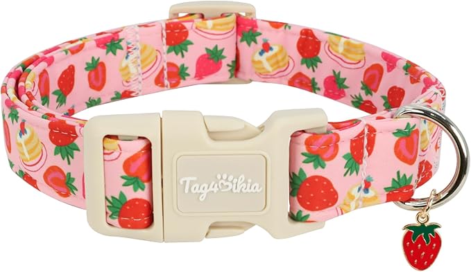 Dog Collar with Strawberry Patterns, Spring Summer Collection Pink Dog Collar with Exquisite Pendant, Durable Adjustable Collars for Gifts & Daily Use-S
