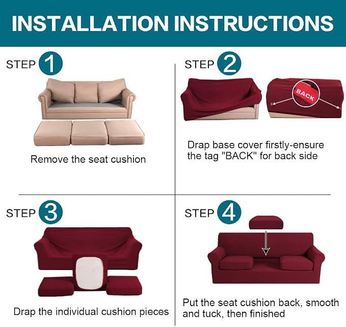 Turquoize 4 Piece Sofa Covers For 3 Cushion Couch Sofa Slipcover Soft Couch Cover For Dogs-Washable Sofa Furniture Covers With 3 Individual Large Cushion Covers Feature Thick Fabric(XL Sofa, Burgundy)