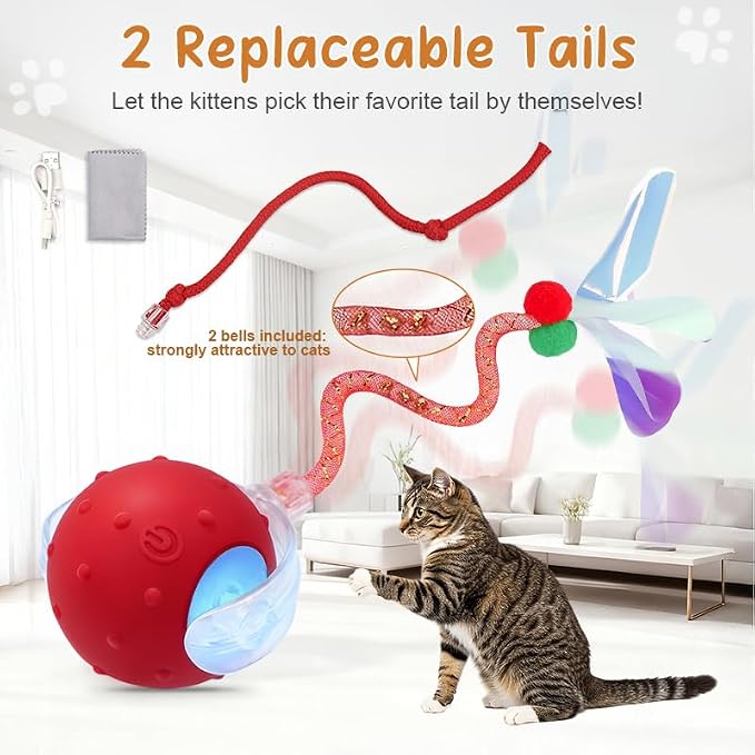 Interactive Cat Ball Toy, Chirping Motion Activated Electric Rechargeable Cat Toy with 2 Replaceable Tails, Self Play Hunting Rolling Indoor Cat Toys for Bored Adult Cats & Kittens - Boredom Busters