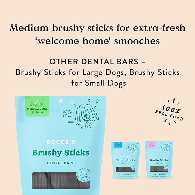 Bocce's Bakery Dailies Brushy Sticks to Support Oral Health&Fresh Breath,Wheat-Free Dental Bars for Dogs,Made with Real Ingredients,Baked in The USA,All-Natural Coconut&Mint,Medium Dogs,(Pack of 2)