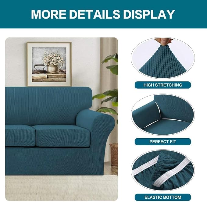 Turquoize 4 Piece Sofa Covers for 3 Cushion Couch Sofa Slipcover Soft Couch Cover for Dogs Washable Furniture Cover with 3 Individual Large Cushion Covers Feature Fabric (Large Sofa, Deep Teal)