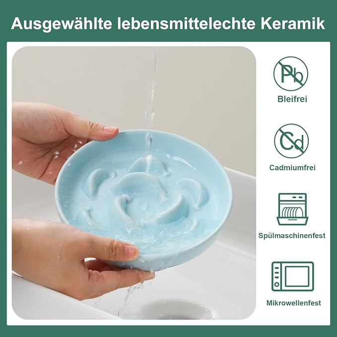 Ceramic Cat Slow Feeder Bowl - 6.3'' Wide Opening Whisker Friendly Cat Plate for Dry and Wet Food - Cute Maze Feeder Dish Helps Reduce Vomiting - Microwave and Dishwasher Safe - Blue