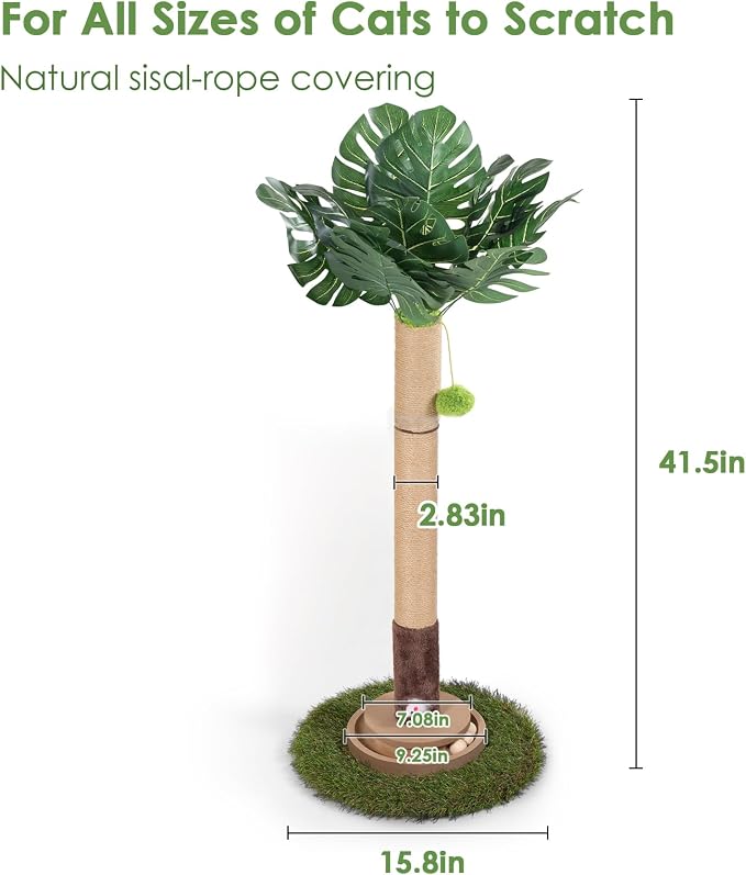 Cat Scratching Post, 35 Inch Tall Cat Scratcher Cat Tree Tower with Hanging Ball for Indoor Cats Adults,Sisal Rope Kitten Scratch with Interactive Mouse Cat Toy (41in, Monstera)