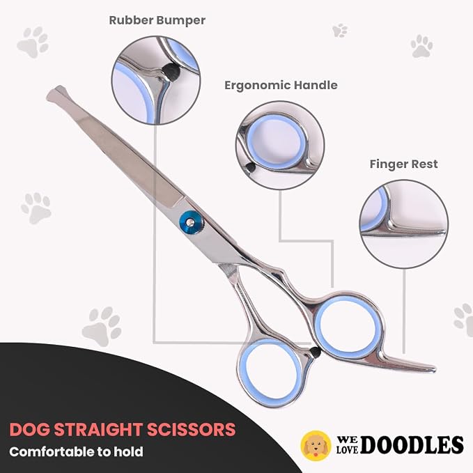 Dog Grooming Scissors Kit with Rounded Blunt Tips, Straight, Curved & Thinning Shears, Tools for Goldendoodles, Poodles & Doodles, Professional Grade Stainless Steel, 4 Pc Set [We Love Doodles]