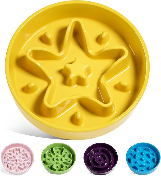 LE TAUCI Slow Feeder Dog Bowls Ceramic,3 Cups Slow Feeding Dog Bowl Medium Large Breed, Pet Bowl for Fast Eaters, Puzzle Pet Dishes, Star Yellow