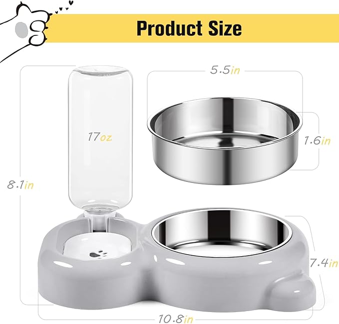 Double Dog Cat Bowls, Cat Food and Water Bowl Set with Auto-Water Dispenser and Stainless Steel Bowl Feeder for Small Size Dogs & Cats, Anti-Slip & Splash Design, Cute Gray